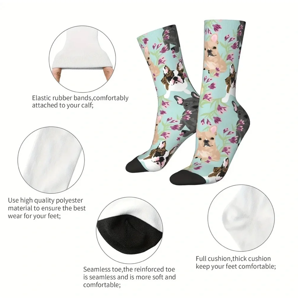 French Bulldog Dog and Floral Print Crew Socks - Unisex